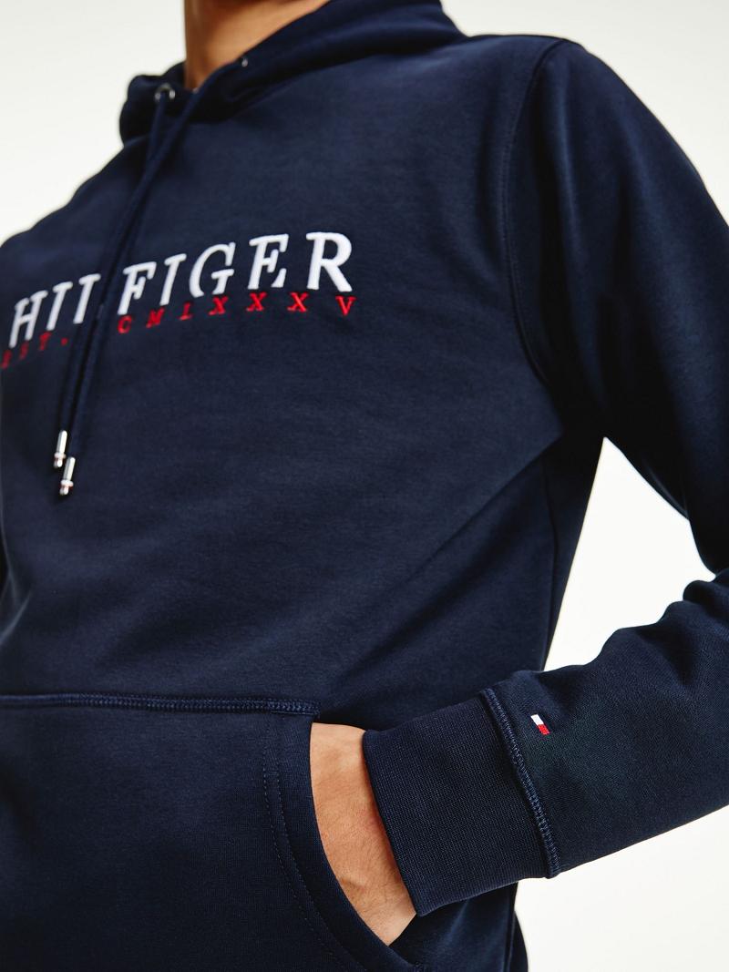 Férfi Tommy Hilfiger Organic Pamut Logo Hoodies Sötétkék | HU 1237BEX